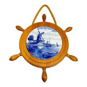 Delft Blue Nautical Wood Ship Wheel & Ceramic Plate Windmill Cheese Board